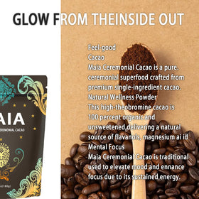 Elunara Maia cacao powder in a steaming mug for a warm, uplifting beverage.
