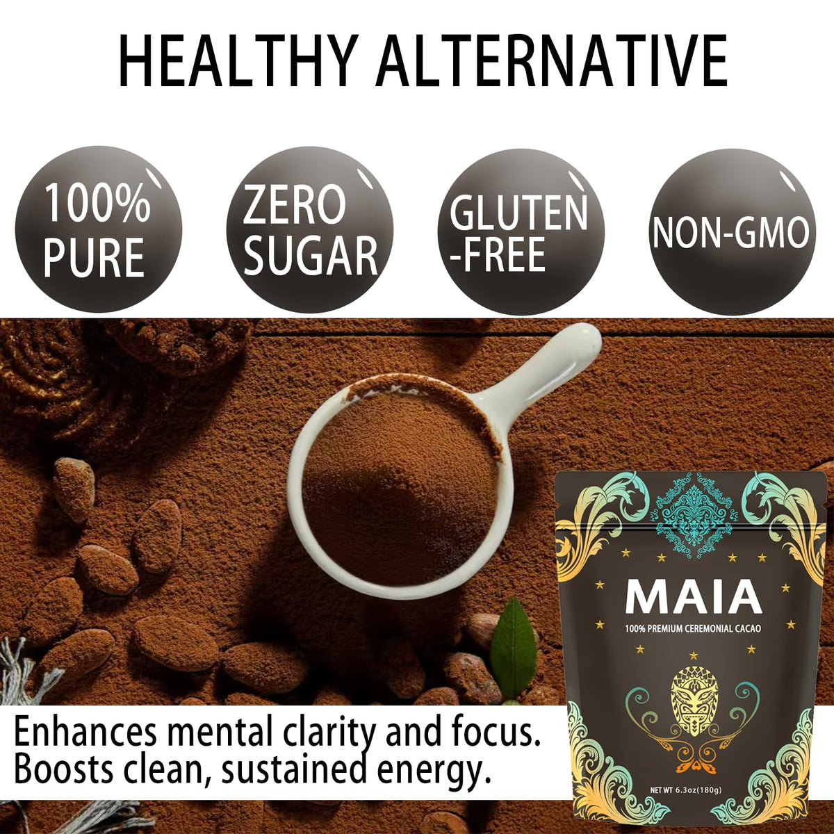Elunara Maia ceremonial cacao powder bowl shows rich texture for mindful sipping.