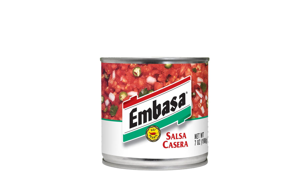Embasa Salsa Casera Hot 7-ounce cans front view for bold nacho nights.