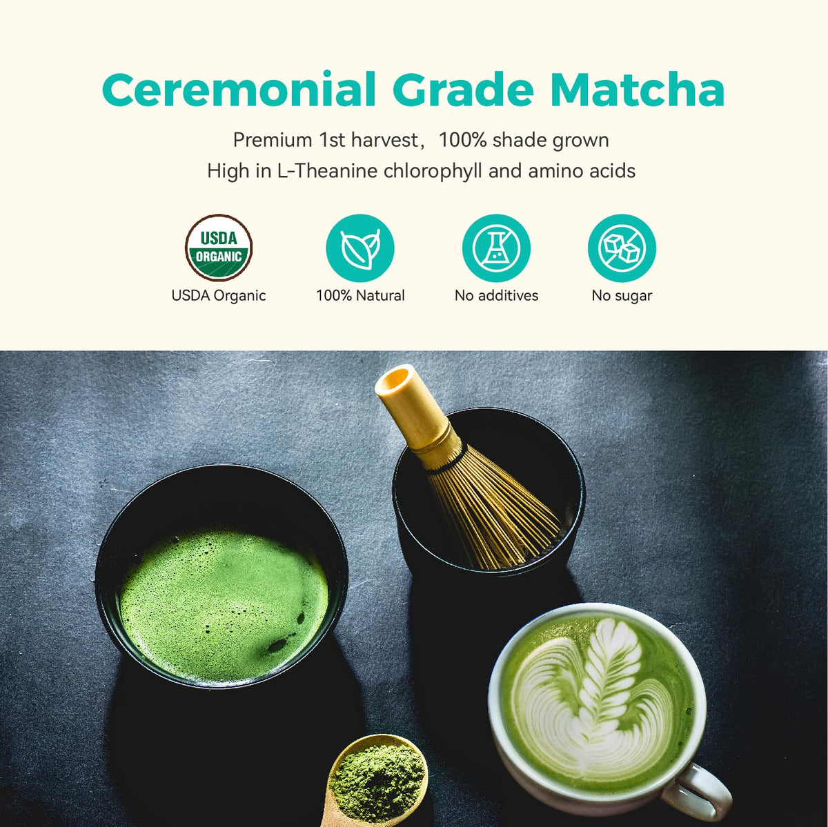 Emerail matcha powder in vibrant green highlights its smooth texture ideal for lattes.
