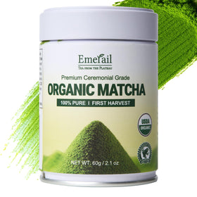 Emerail matcha tin front showcases premium ceremonial grade powder for everyday rituals.