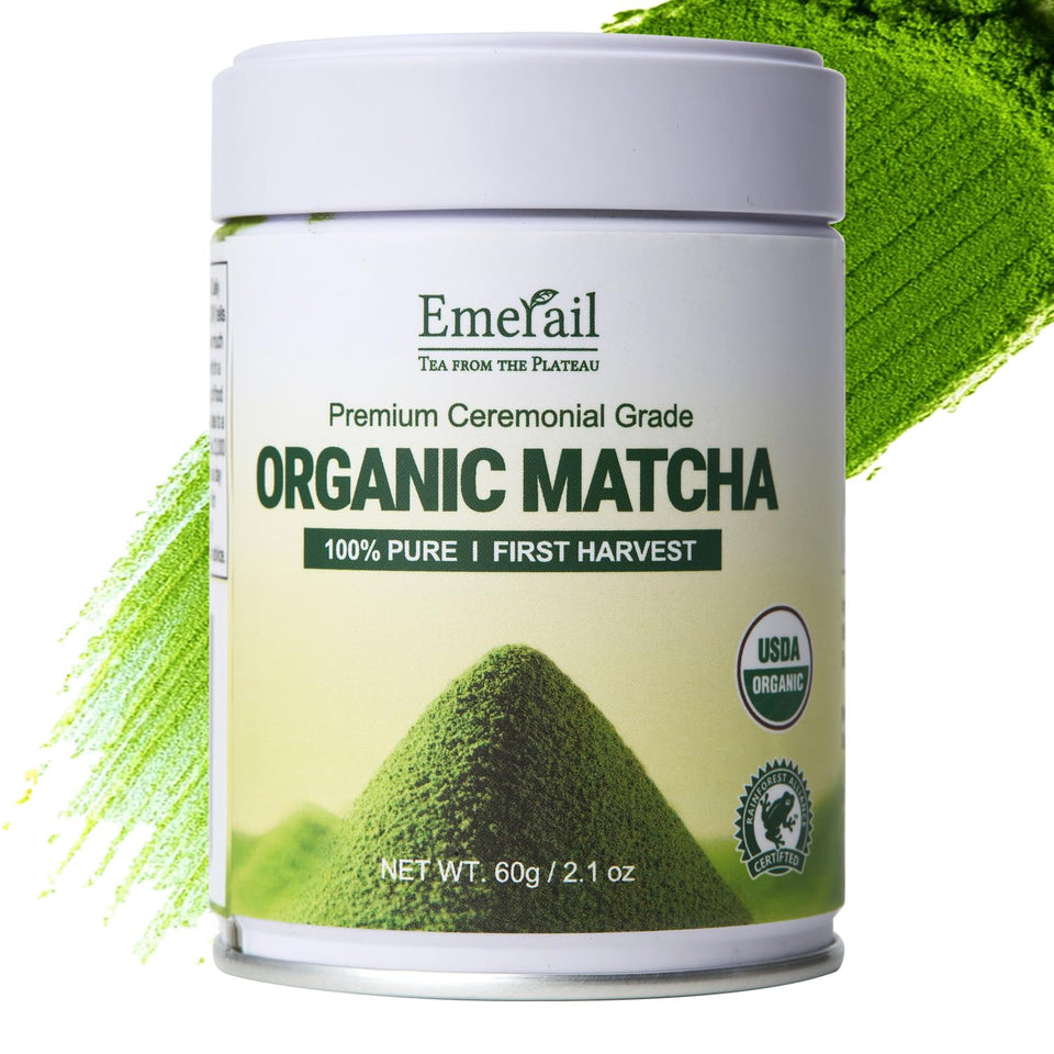 Emerail matcha tin front showcases premium ceremonial grade powder for everyday rituals.