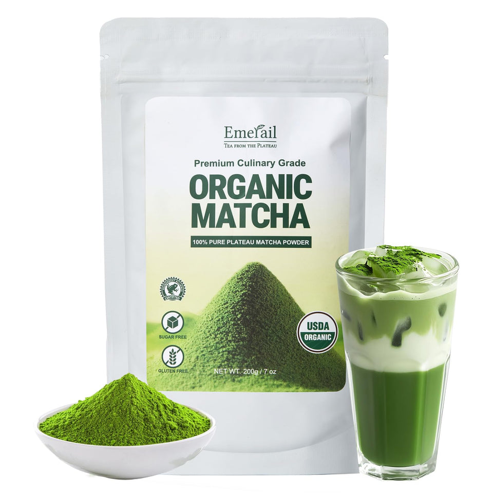 Emerail Organic Matcha powder in a glass jar from the plateau, ready for premium lattes