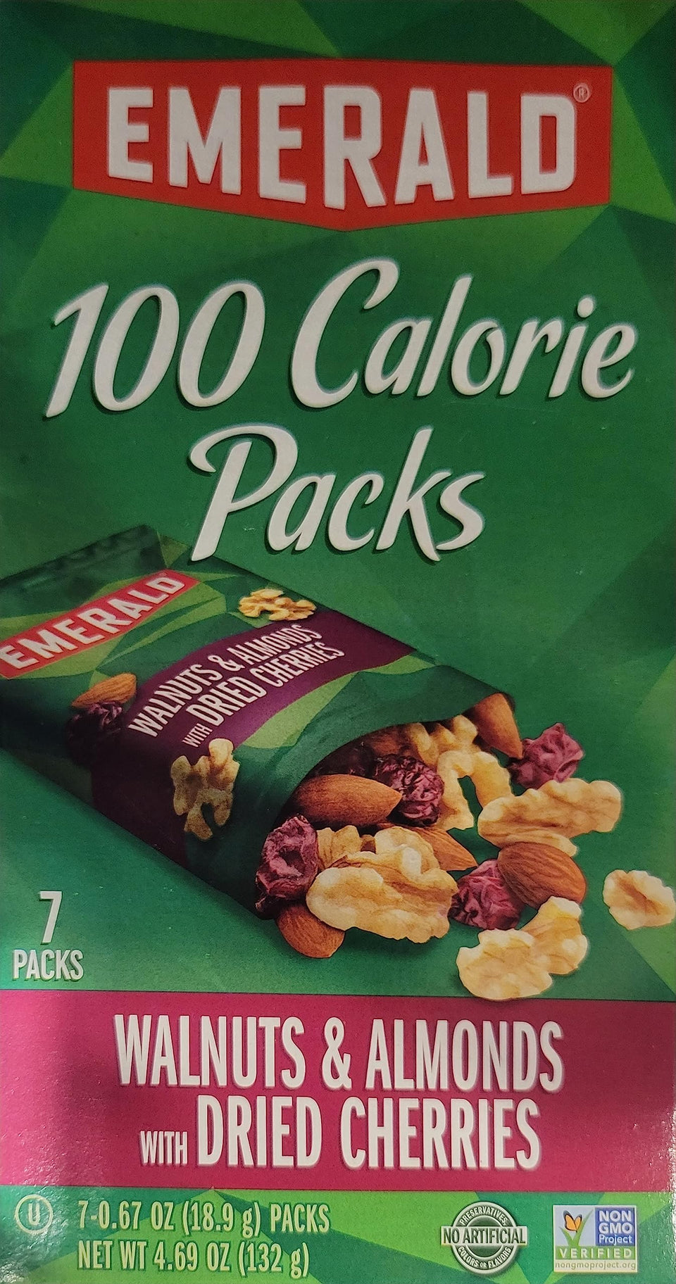 Emerald 100 calorie pack nuts in a bag with walnuts and almonds, on-the-go snack.
