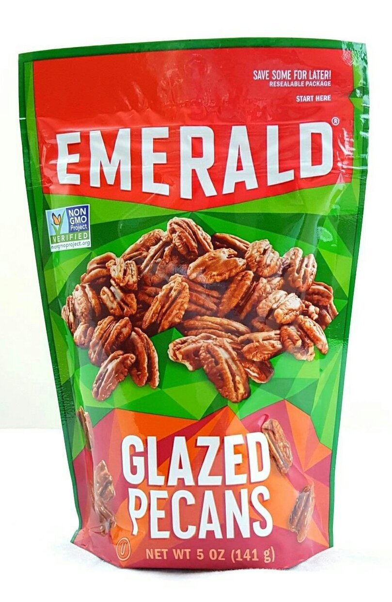 Emerald Glazed Pecans 2-pack in a resealable bag for on-the-go snacking