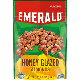 Emerald Honey Glazed Almonds bag front, premium on-the-go snack.