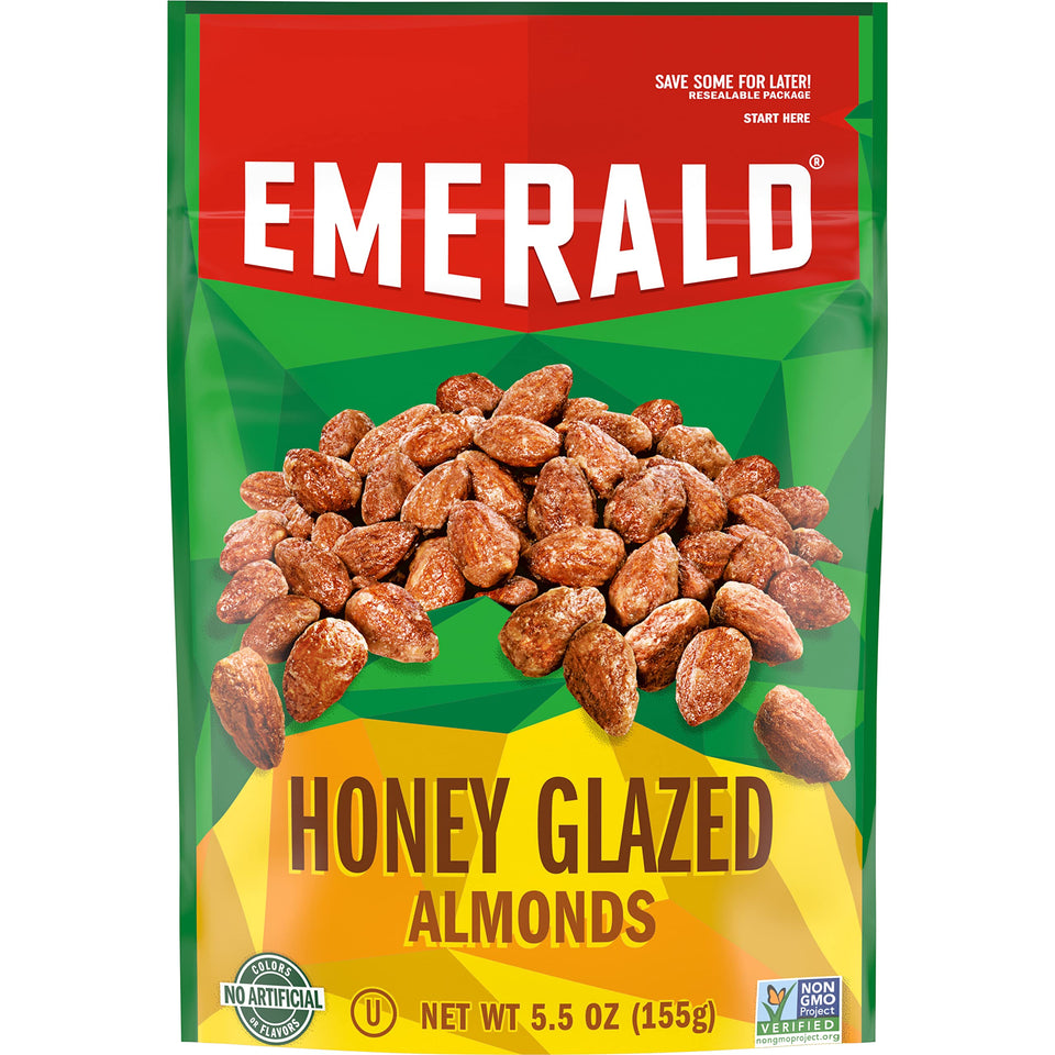 Emerald Honey Glazed Almonds bag front, premium on-the-go snack.