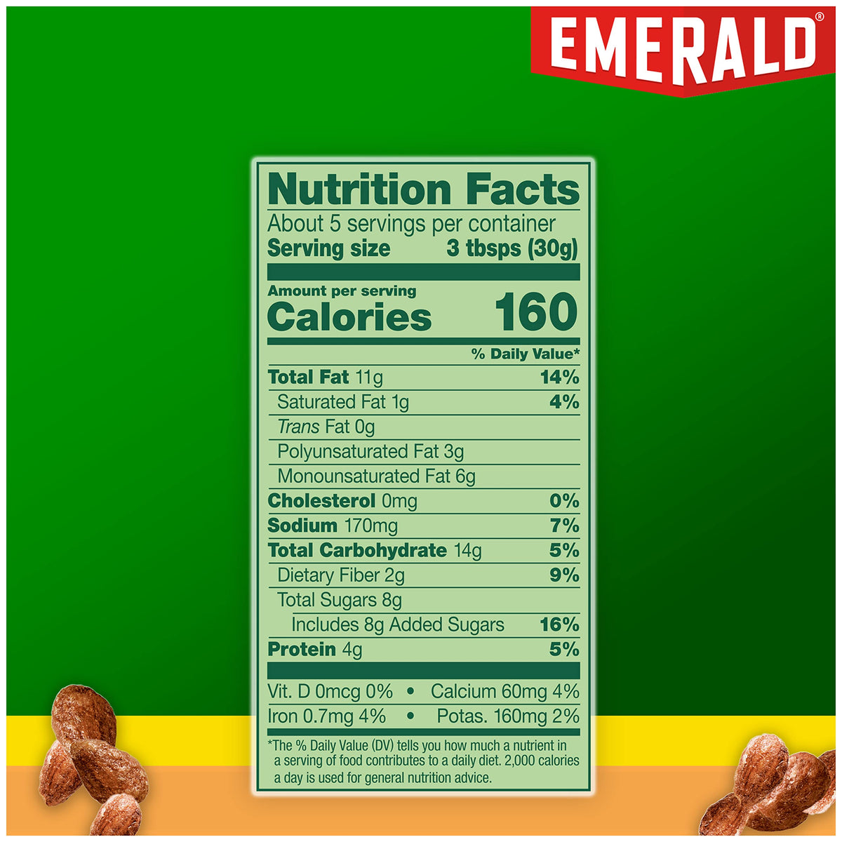 Emerald Honey Glazed Almonds labeling shows kosher and non-GMO status.