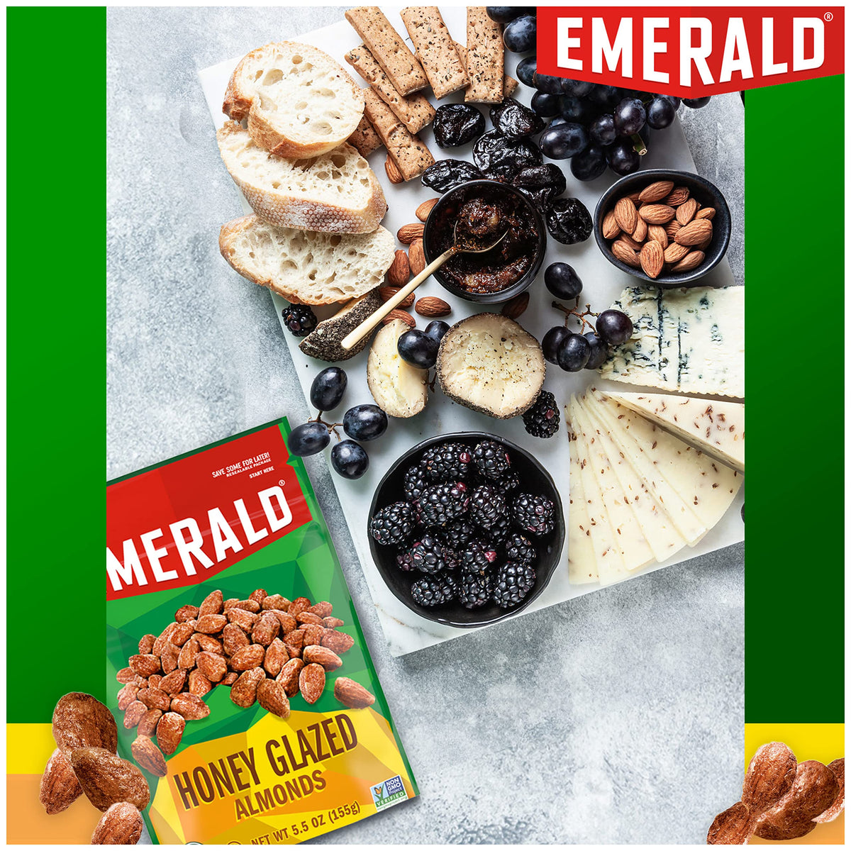 Emerald Honey Glazed Almonds in bowl showing whole nuts ready to eat.