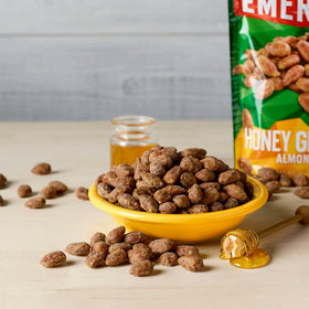 Emerald Honey Glazed Almonds resealable bag preserves freshness.