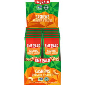 Emerald roasted and salted cashews in 12-count tubes for on-the-go snacking.