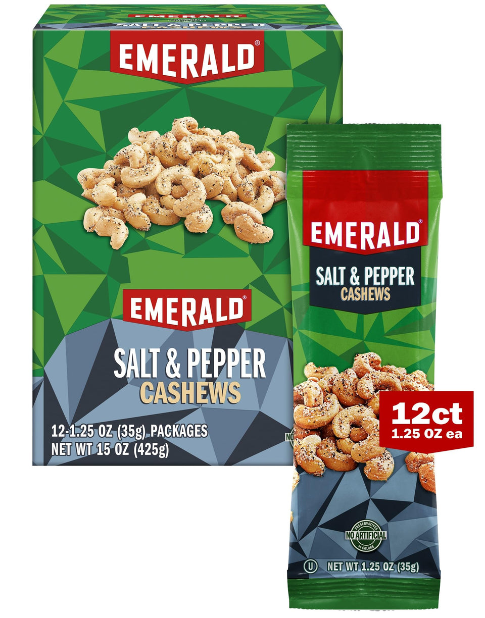 Emerald Salt & Pepper Cashews packaging closeup highlighting premium kosher-certified nuts for on-the-go snacking