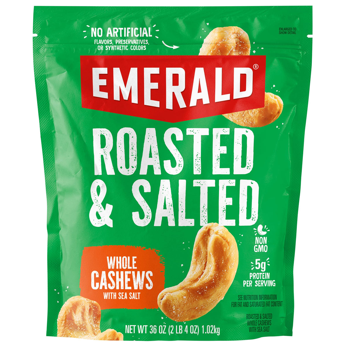 Emerald roasted whole cashews in a bulk bag ready for convenient snacking