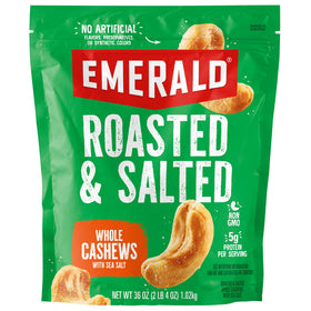Emerald roasted whole cashews in a bulk bag ready for convenient snacking