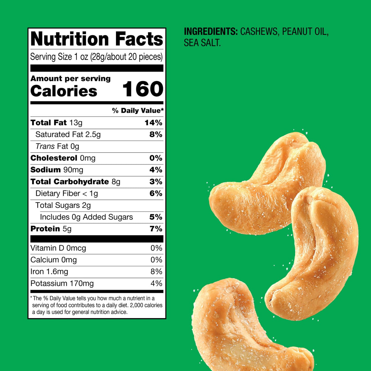 Emerald cashews close-up with sea salt crystals highlighting flavor