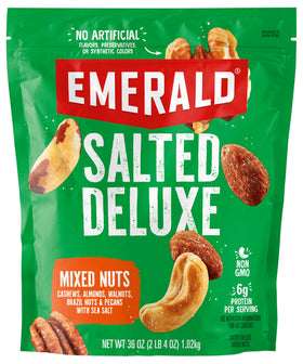 Emerald Salted Deluxe Mixed Nuts bag front, resealable for freshness