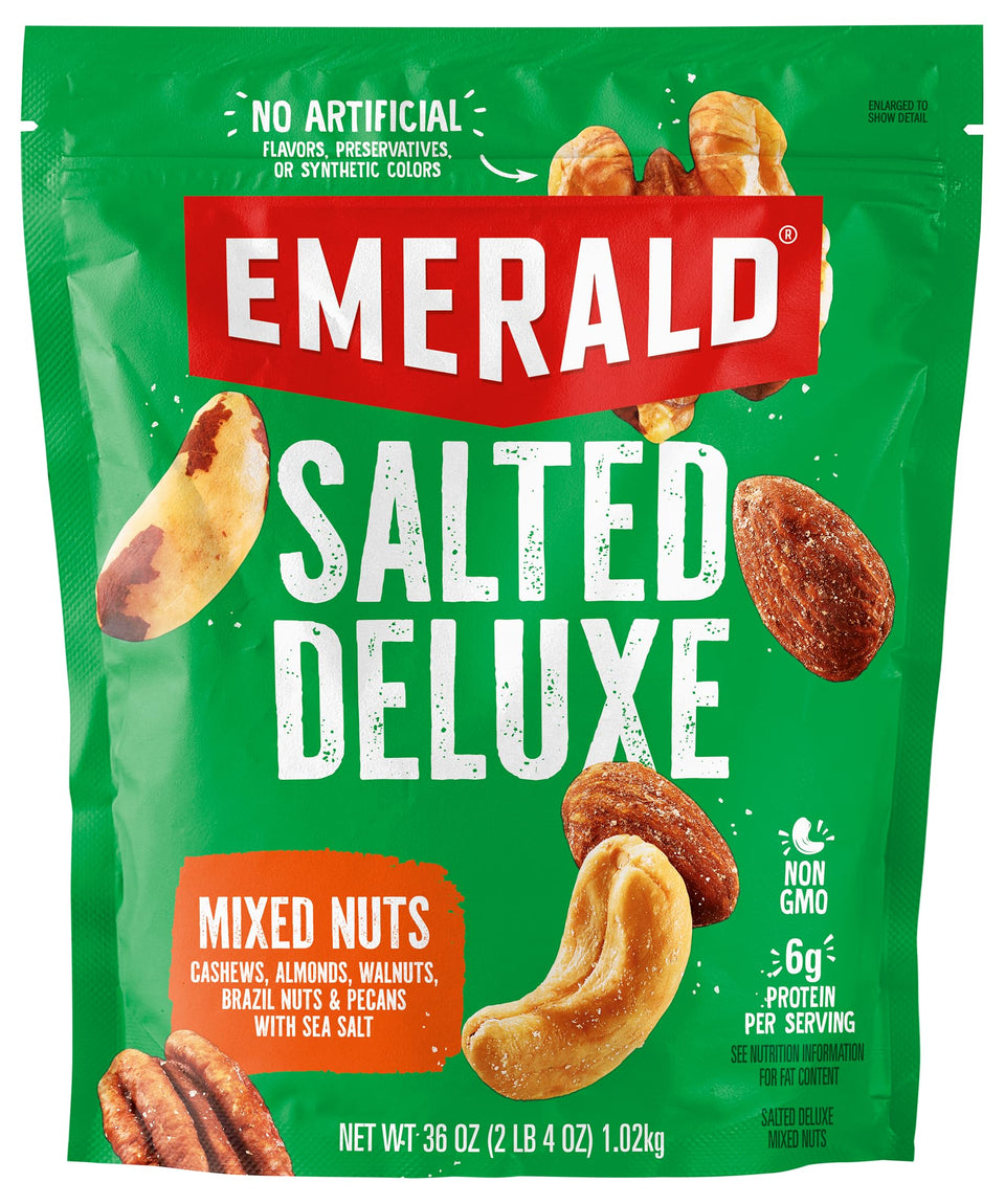 Emerald Salted Deluxe Mixed Nuts bag front, resealable for freshness
