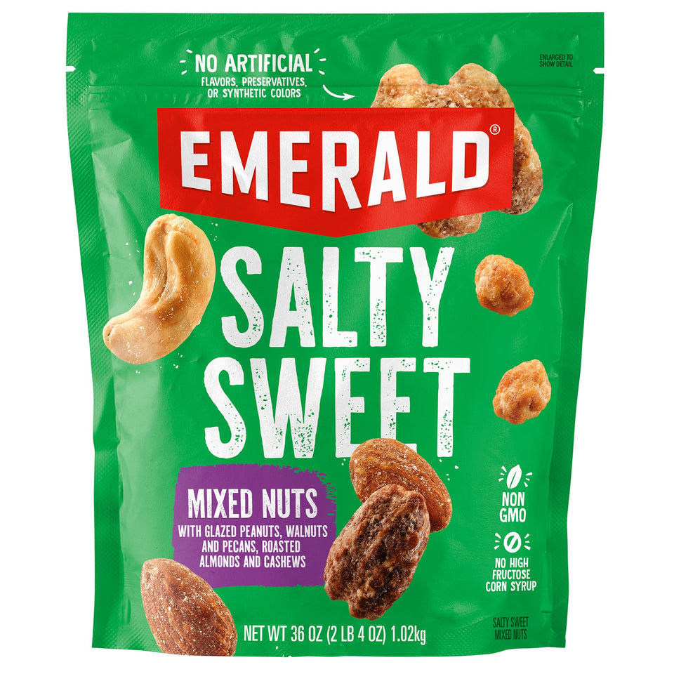 Emerald Salty Sweet Mixed Nuts glazed peanuts for on-the-go snacking.