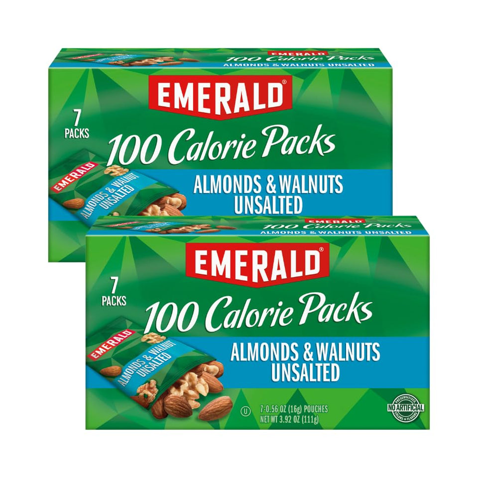 Emerald unsalted almonds and walnuts in 100-calorie pack for on-the-go snacking.