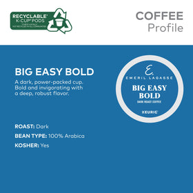 Emeril Big Easy Bold dark roast coffee in K-Cups for quick mornings.