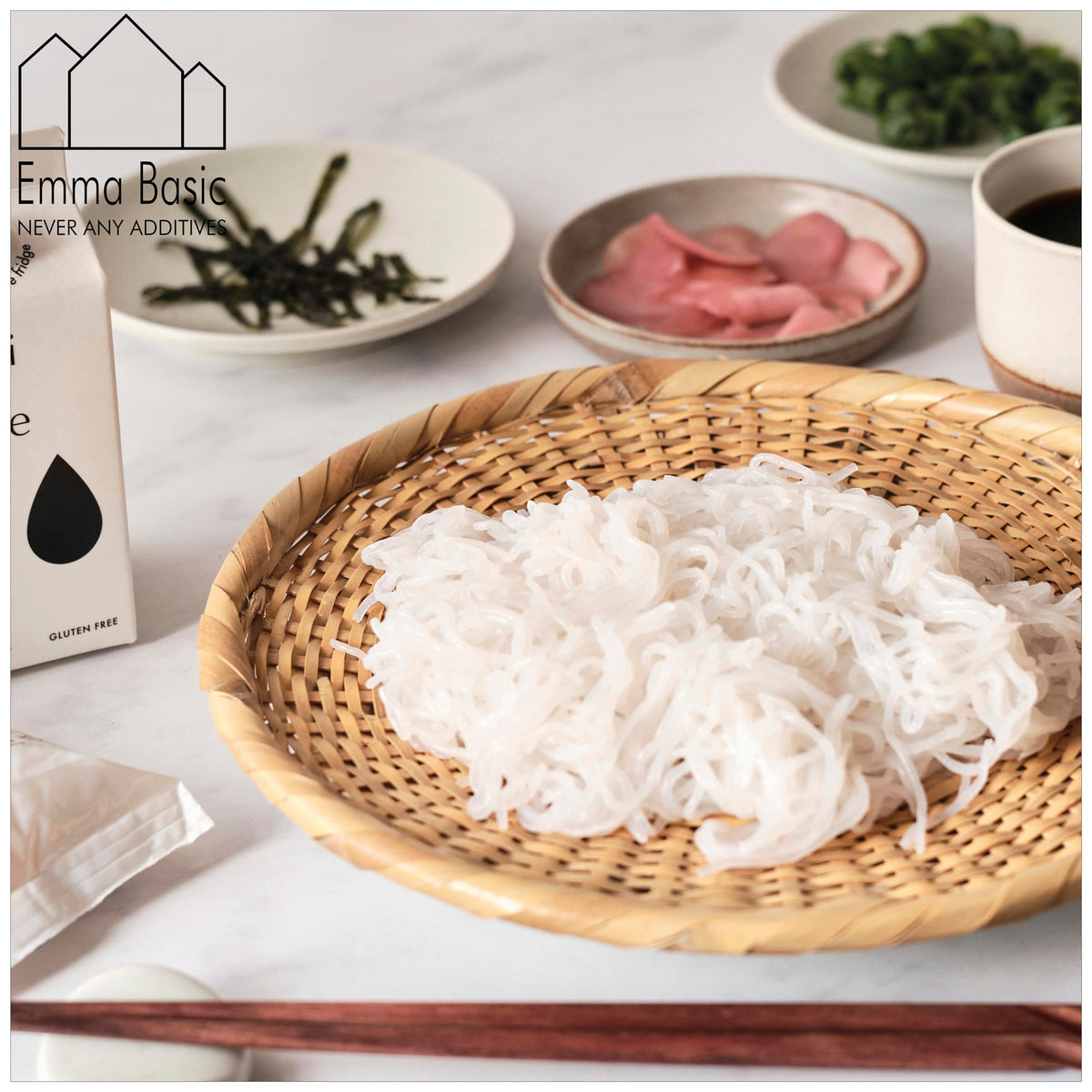 Rinsed Emma Basic Konjac noodles prepared for stir-fry or ramen.