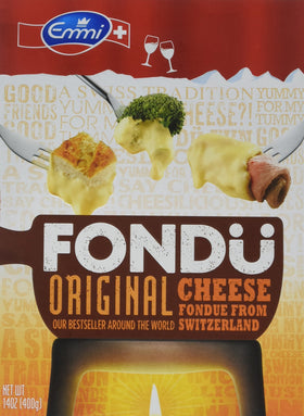 Emmi Cheese Fondue 14oz pack – front view, creamy melt ready for sharing.