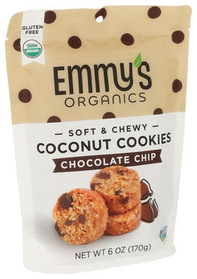 Emmy's Organics chocolate chip coconut cookie closeup showing chewy vegan treat.
