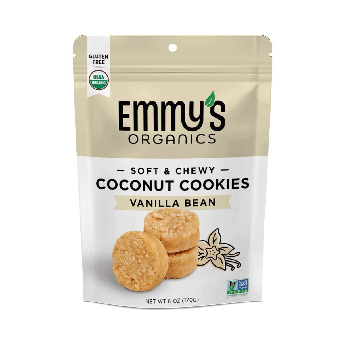 Emmy's Organics Coconut Cookies vanilla bean in two 6 oz bags for on-the-go snacking.