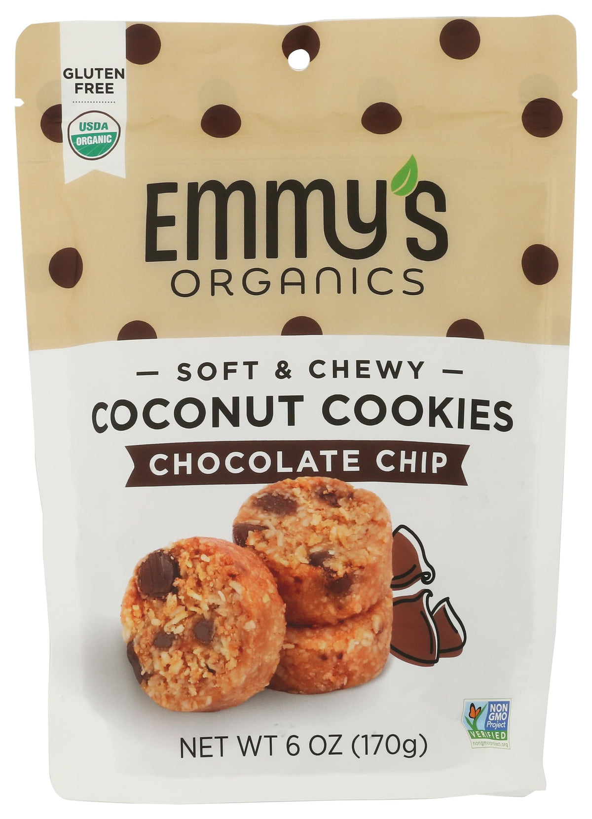 Emmy's Organics vanilla coconut cookie packshot highlighting organic, gluten-free goodness.