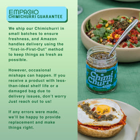EMPACHO Chimichurri label displaying gluten-free and vegan attributes