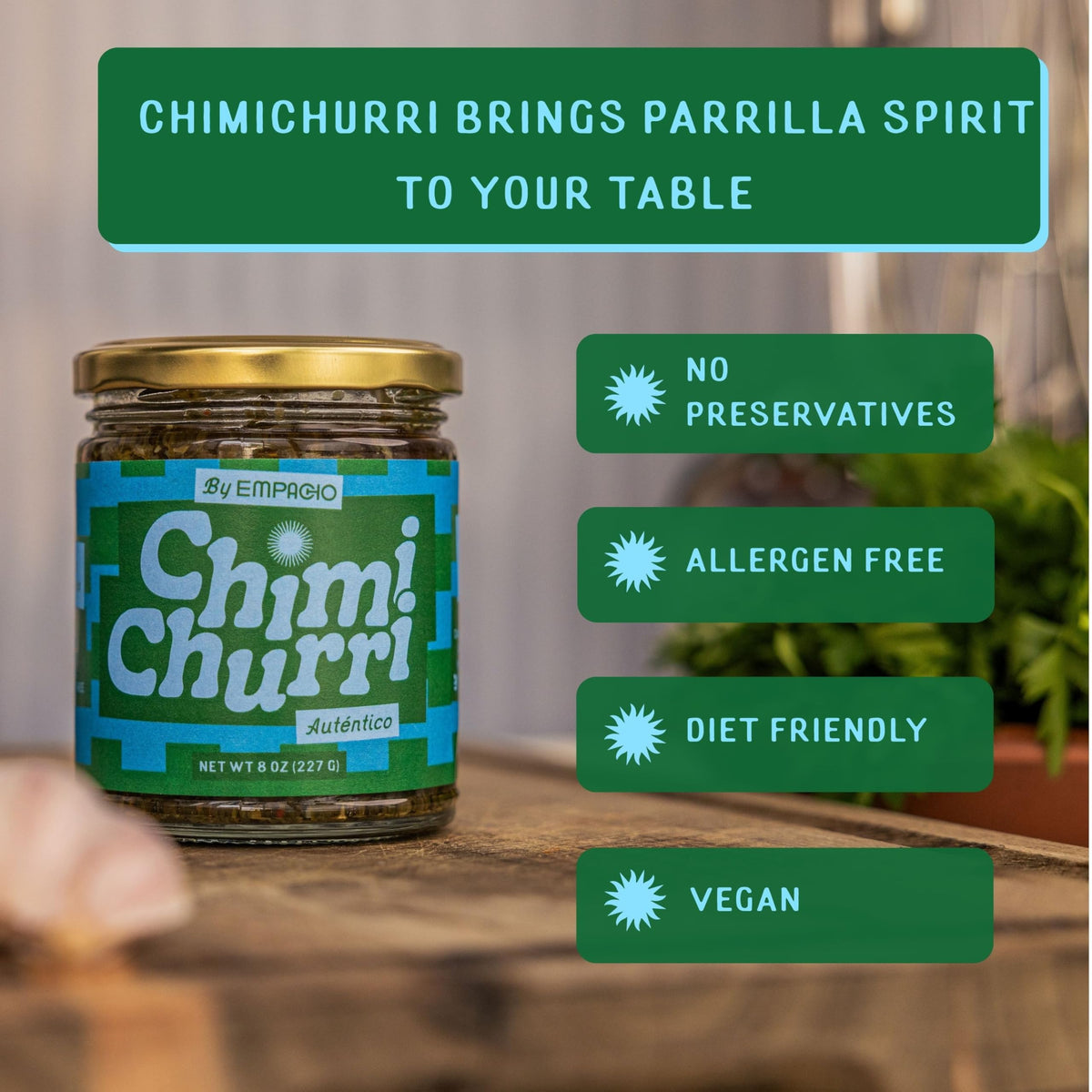 EMPACHO Chimichurri sauce on a sizzling steak with herbs and grill marks