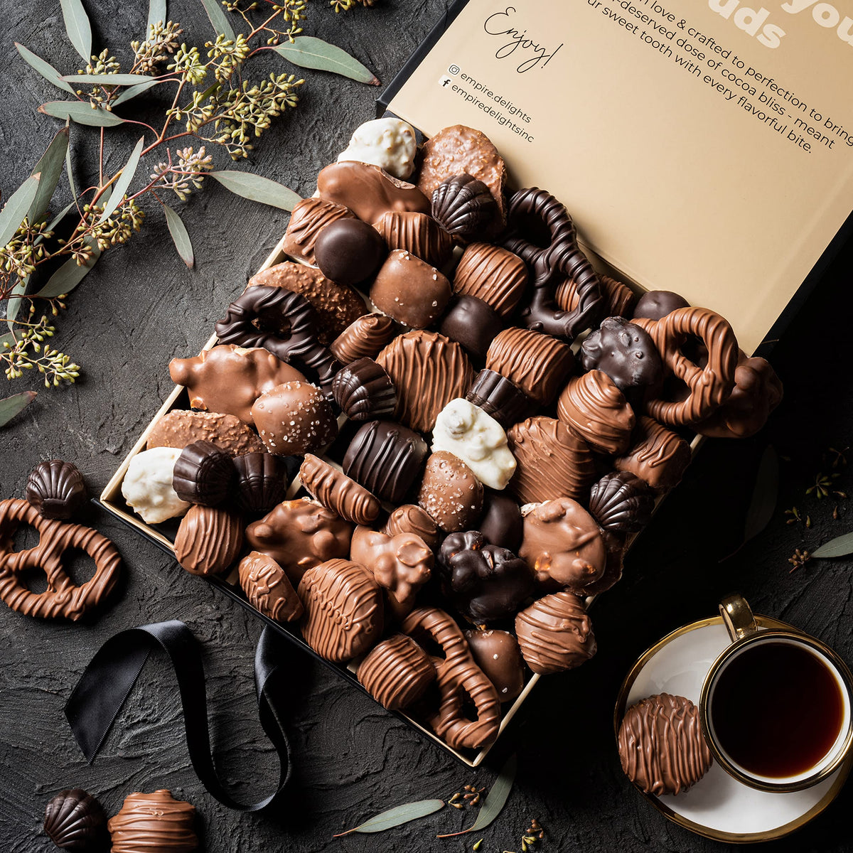 Empire Delights assorted chocolates display, premium handcrafted flavors to share