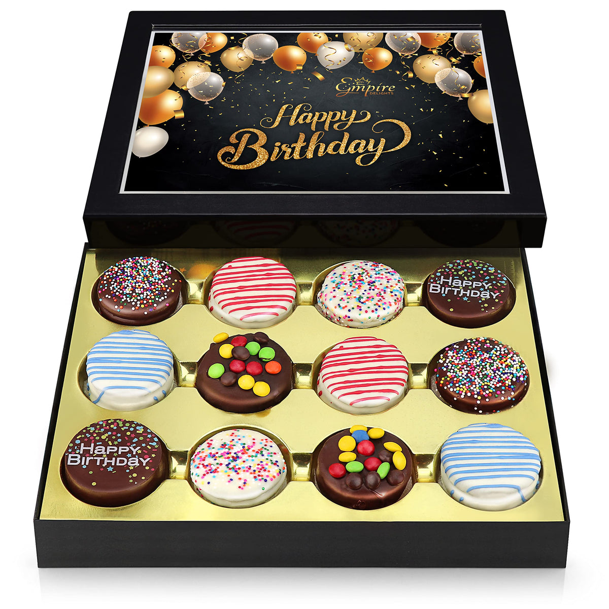 Empire Delights birthday cookies gift basket display shows premium chocolate cookies for celebrations.
