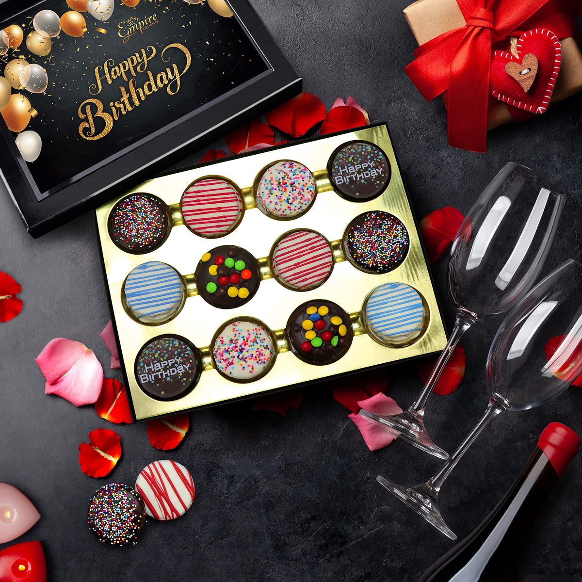 Empire Delights chocolate-covered birthday cookies closeup highlights rich chocolate and creme filling.