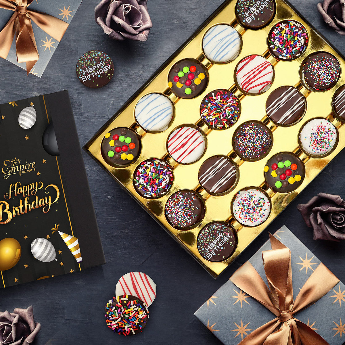Empire Delights chocolate-covered cookies close-up, rich coating and cream center