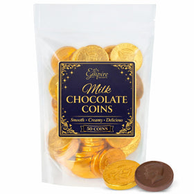 Empire Delights Chocolate Gold Coins foil-wrapped display for festive celebrations.