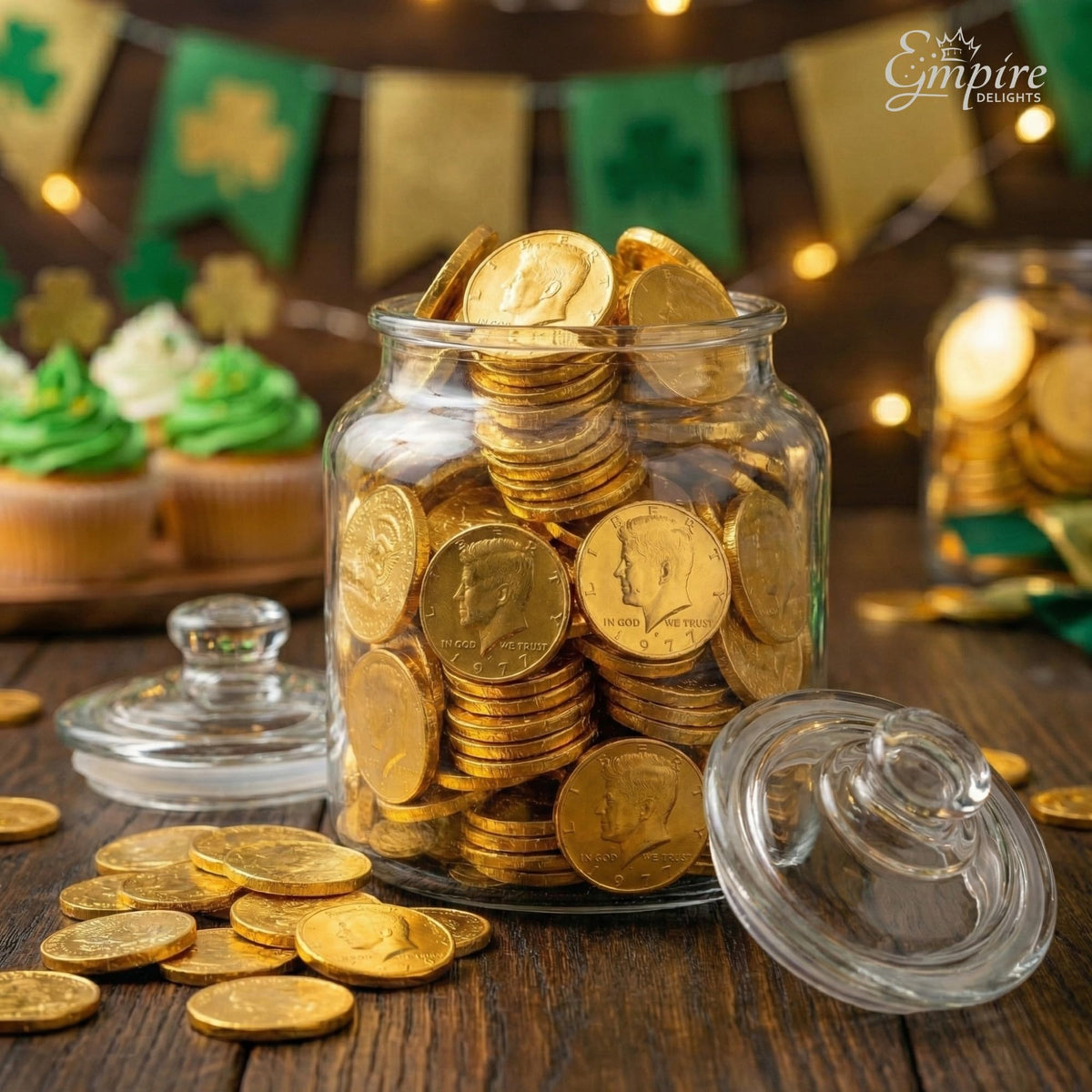 Empire Delights Chocolate Gold Coins treasure-hunt setup with shiny wrappers.