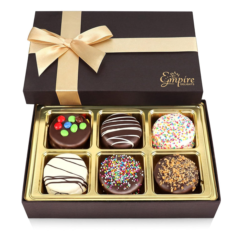 Empire Delights gourmet cookies gift basket packaging showcases elegant gifting presentation.