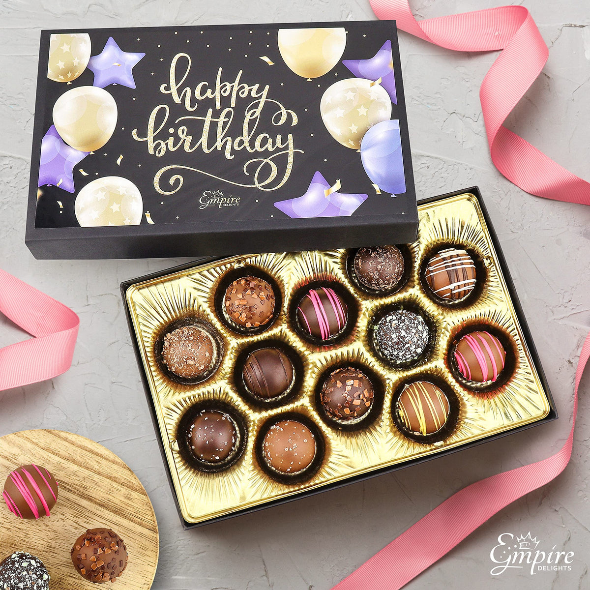 Empire Delights Happy Birthday box back, sturdy packaging for reliable gifting.