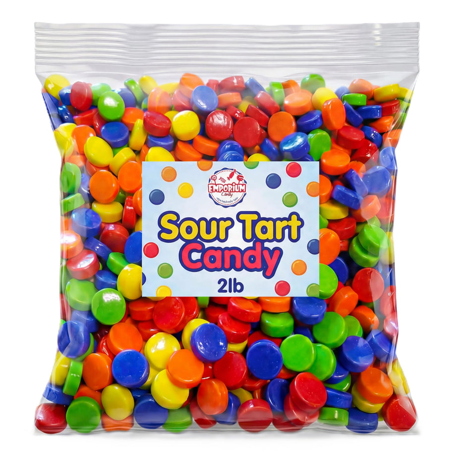 Emporium Candy 2lb bulk sour candy bites in a resealable bag for sharing.