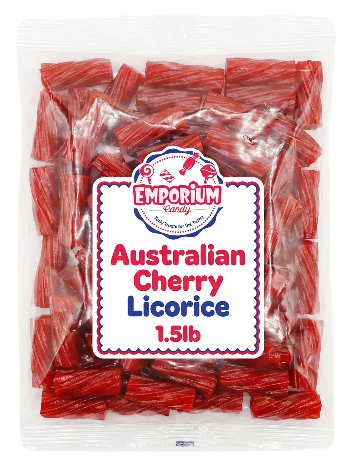 Emporium Candy Australian red licorice cherry flavor twists ideal for party bowls.