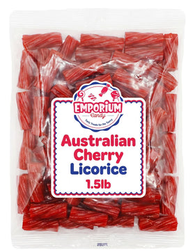 Emporium Candy Australian red licorice cherry flavor twists ideal for party bowls.