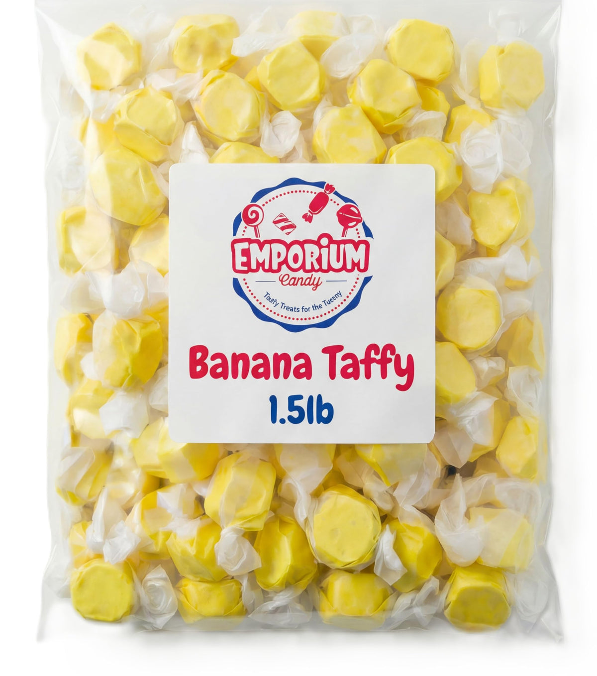 Emporium Candy banana taffy bag closeup, fresh and individually wrapped, great for sharing.