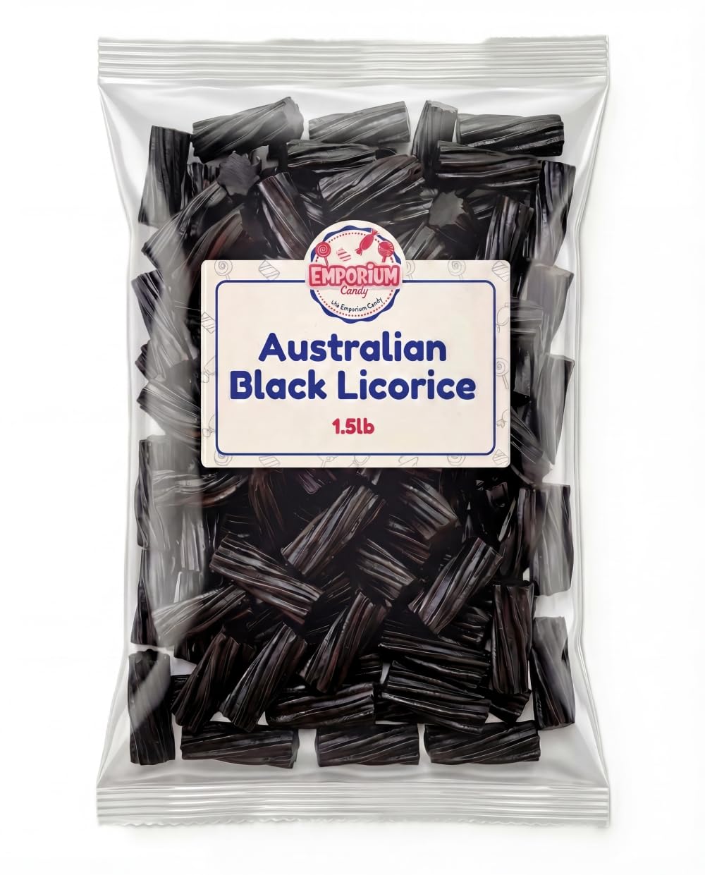 EMPORIUM CANDY Black Australian Licorice bulk bag close-up, ideal for sharing