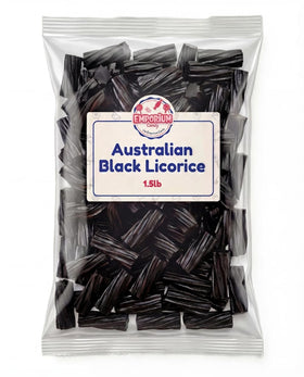 EMPORIUM CANDY Black Australian Licorice bulk bag close-up, ideal for sharing