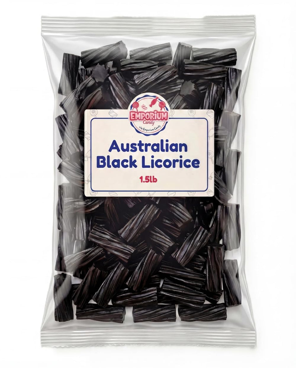 EMPORIUM CANDY Black Australian Licorice bulk bag close-up, ideal for sharing