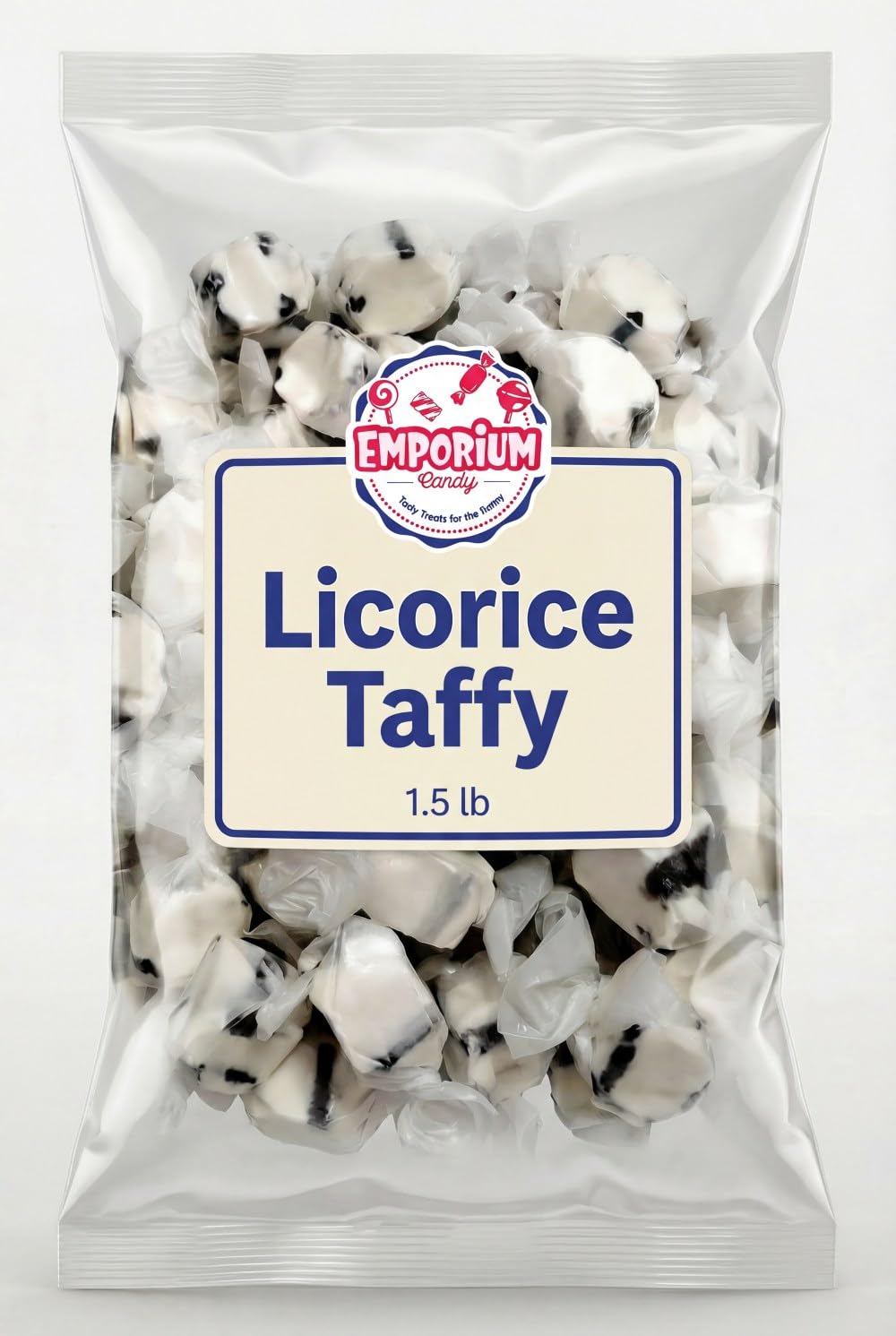 Emporium Candy black licorice salt water taffy bag showcases bold flavor for sharing.