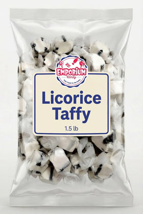 Emporium Candy black licorice salt water taffy bag showcases bold flavor for sharing.