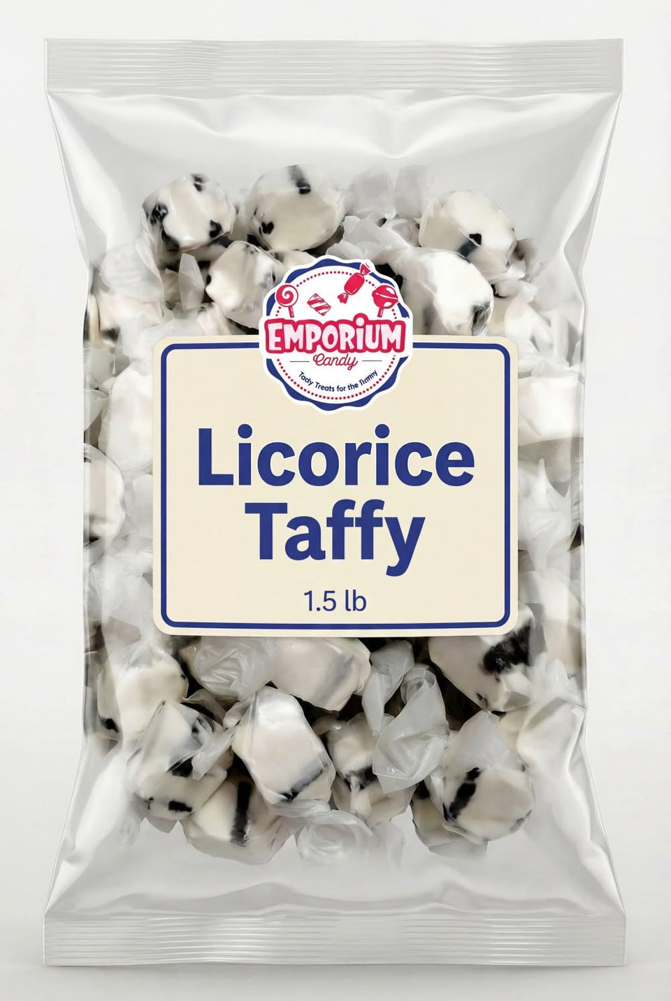 Emporium Candy black licorice salt water taffy bag showcases bold flavor for sharing.
