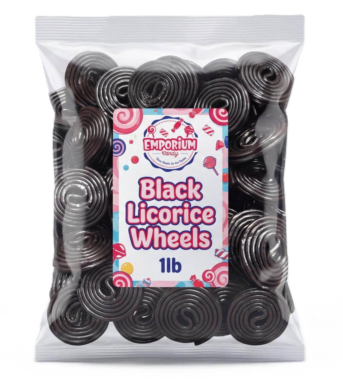 Emporium Candy Black Licorice Wheels bulk bag with classic flavor, ideal for sharing.
